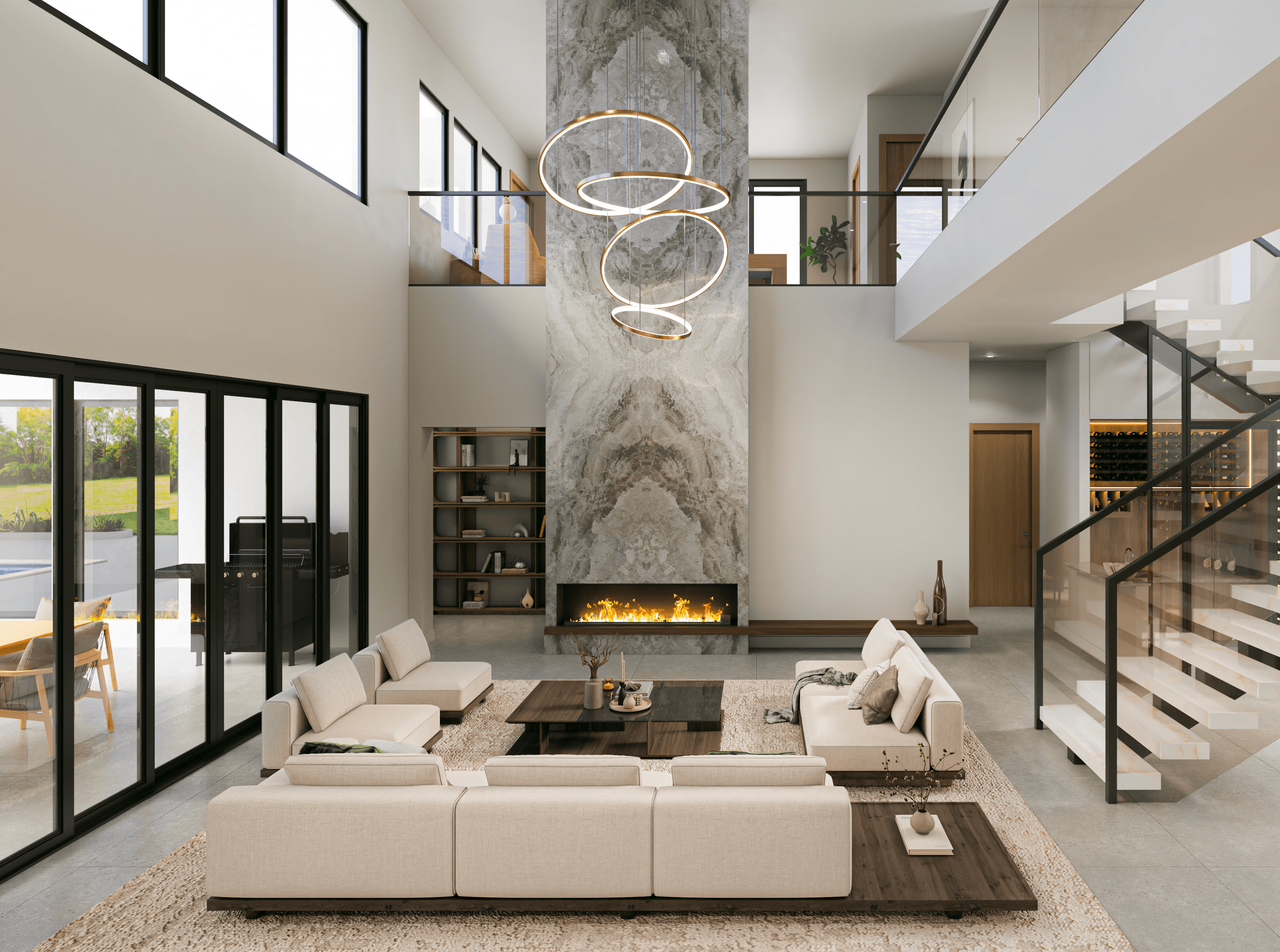 Double-Height Living Room with Fireplace – Lago Vista Luxury Custom Home Design, Texas Double-Height Living Room with Fireplace – Lago Vista Luxury Custom Home Design, Texas