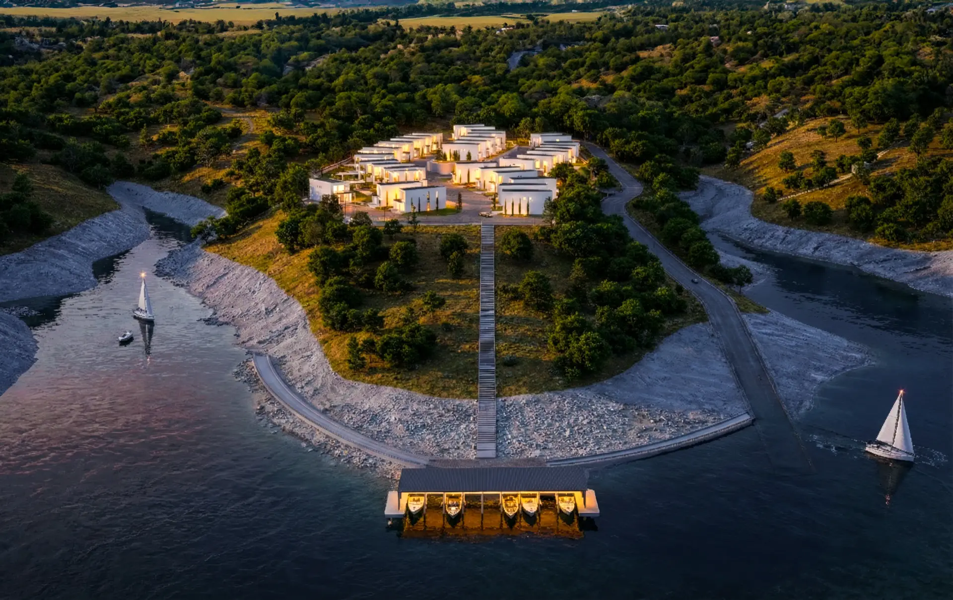 Aerial view of Shores at Riviera, a boutique lakeside condo community on Lake Travis