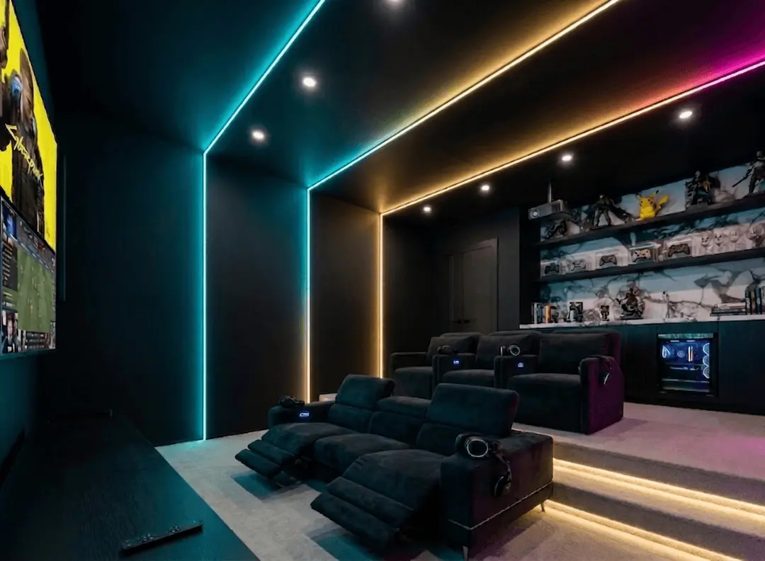 Penrose Residence home theater with LED lighting and recliners in Southlake, Texas