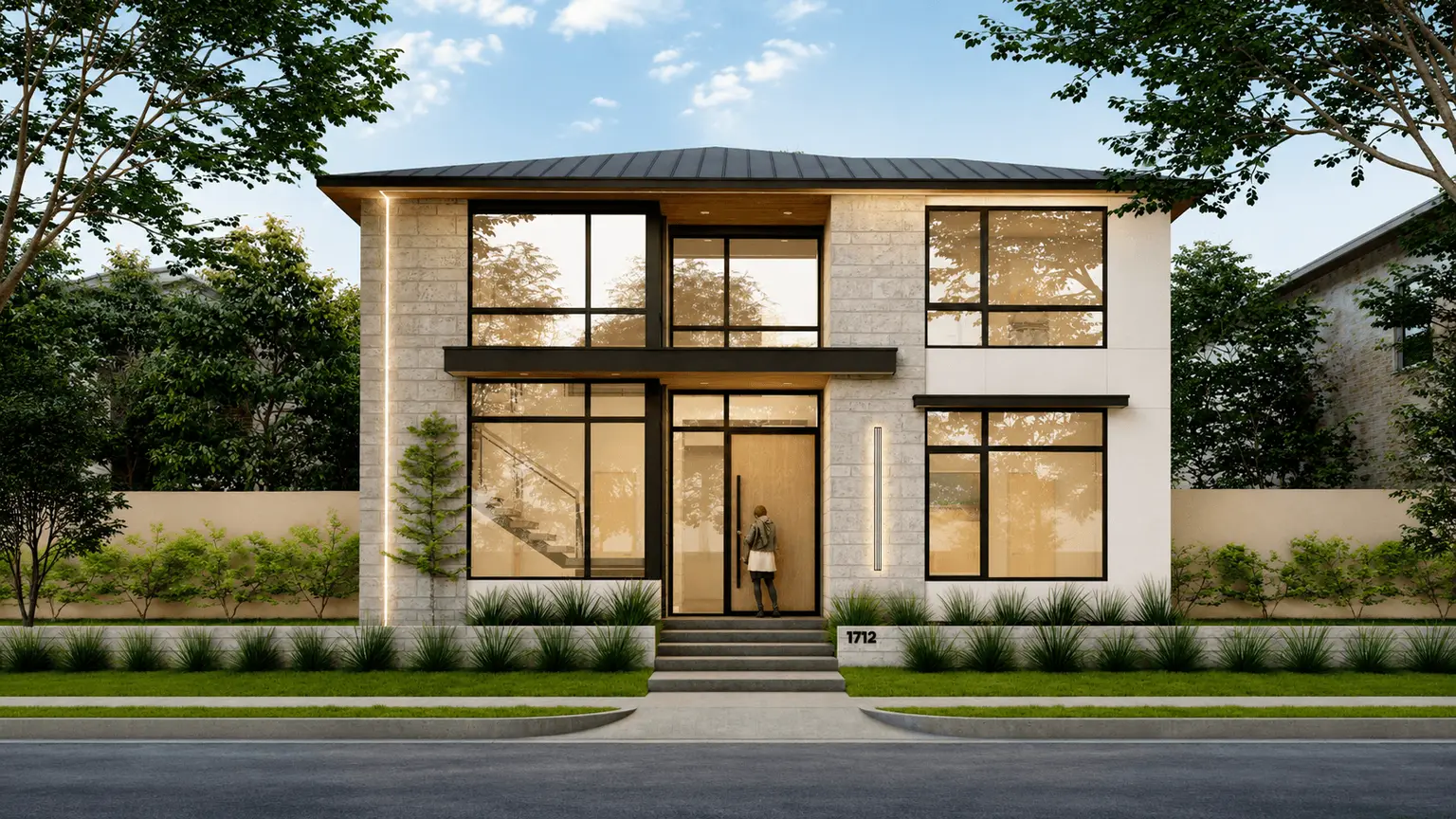 Penrose Residence front entry with large glass windows and steps in Southlake, Texas