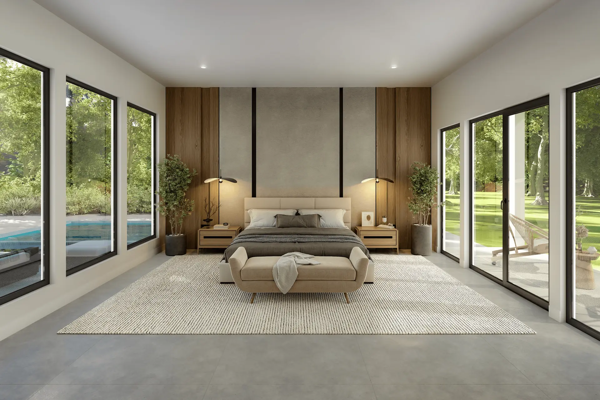 Vierra Residence bedroom with glass walls overlooking pool and lawn in Southlake, Texas Vierra Residence bedroom with glass walls overlooking pool and lawn in Southlake, Texas