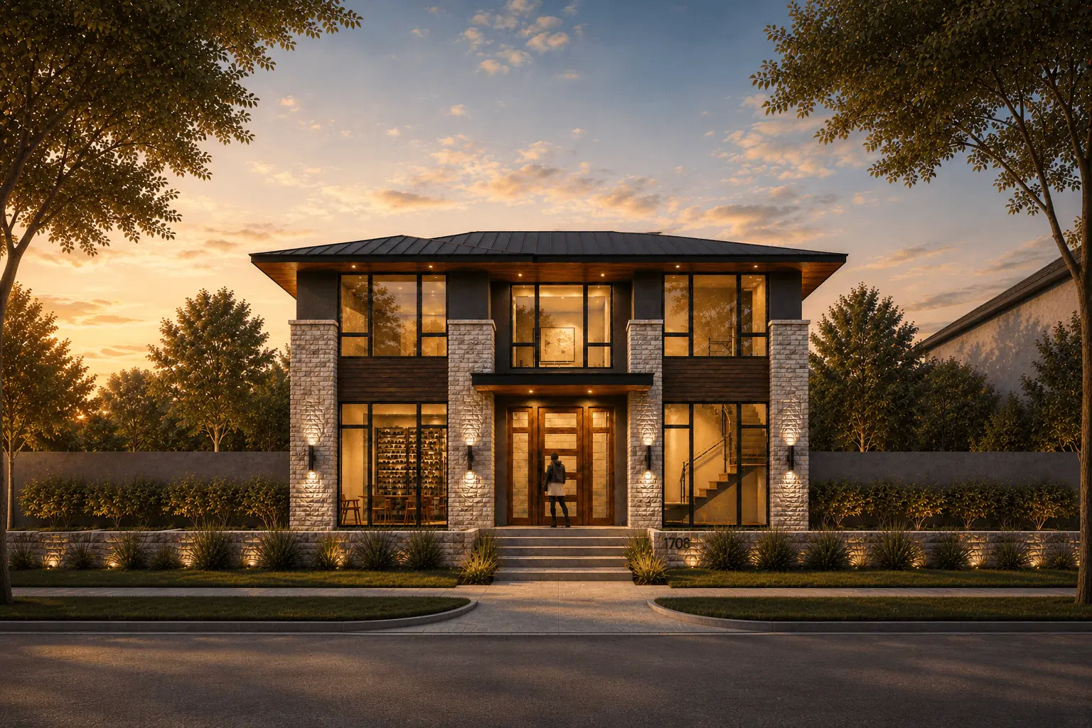 Vierra Residence front exterior framed by trees at sunset in Southlake, Texas Vierra Residence front exterior framed by trees at sunset in Southlake, Texas