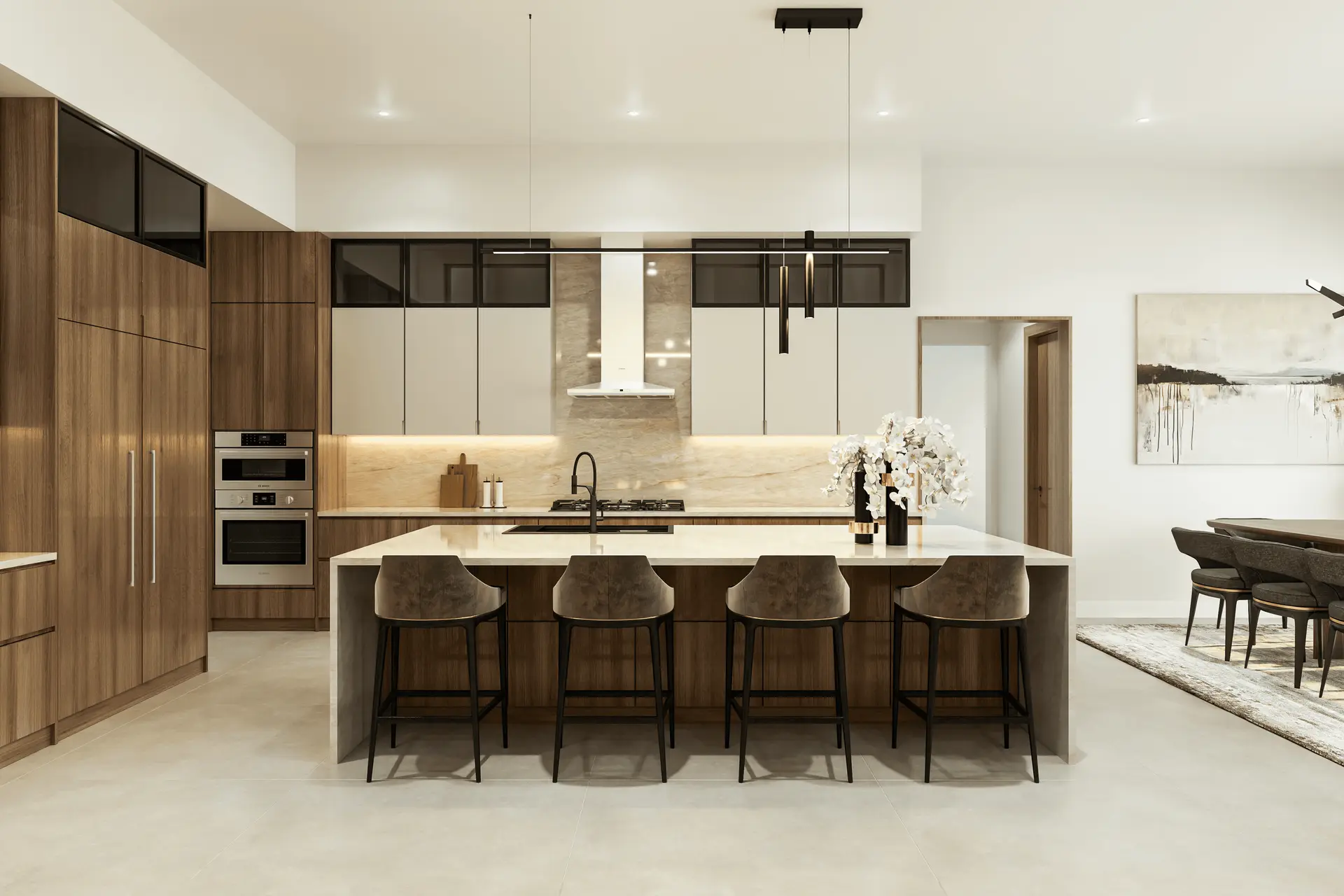 Vierra Residence kitchen with large island and bar stools in Southlake, Texas Vierra Residence kitchen with large island and bar stools in Southlake, Texas