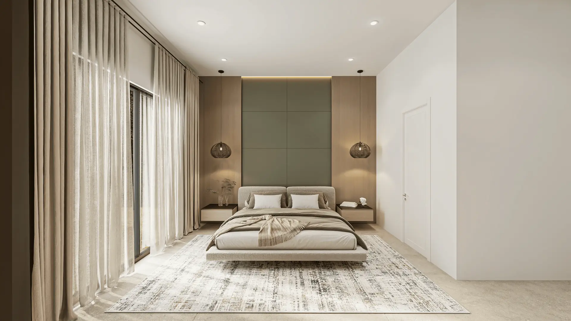Penrose Residence bedroom with green panel headboard wall in Southlake, Texas