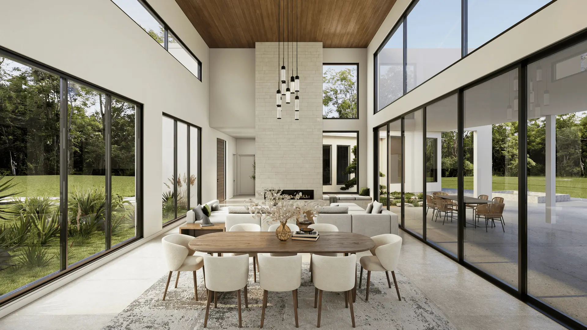Vierra Residence double-height great room with dining area and fireplace in Southlake, Texas Vierra Residence double-height great room with dining area and fireplace in Southlake, Texas