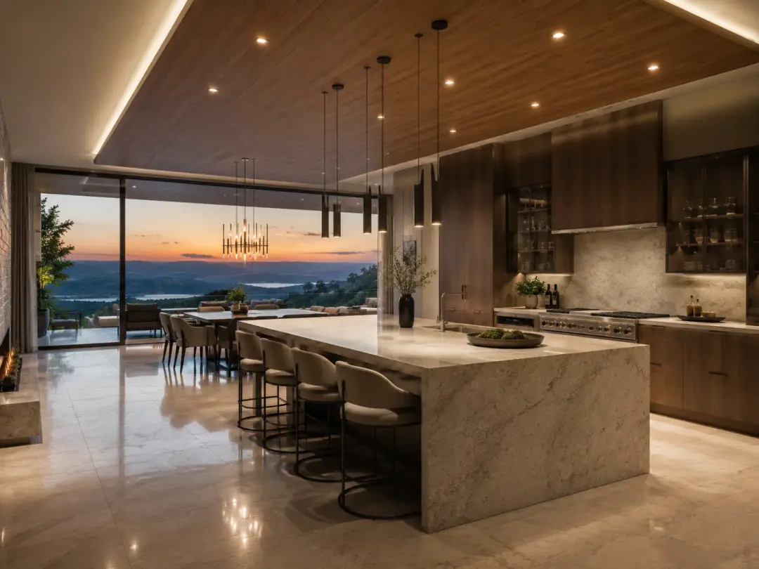 The Ridgeline Estate kitchen with stone island and wood ceiling opening to a sunset view in Lago Vista, Texas