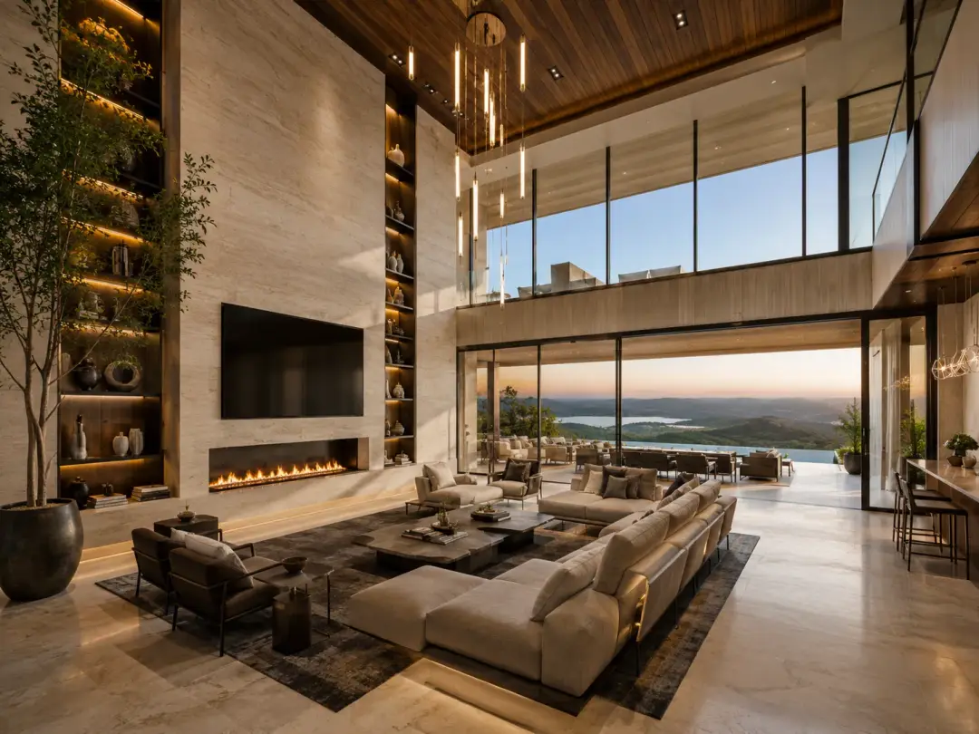 The Ridgeline Estate double-height living room with linear fireplace and Hill Country view in Lago Vista, Texas