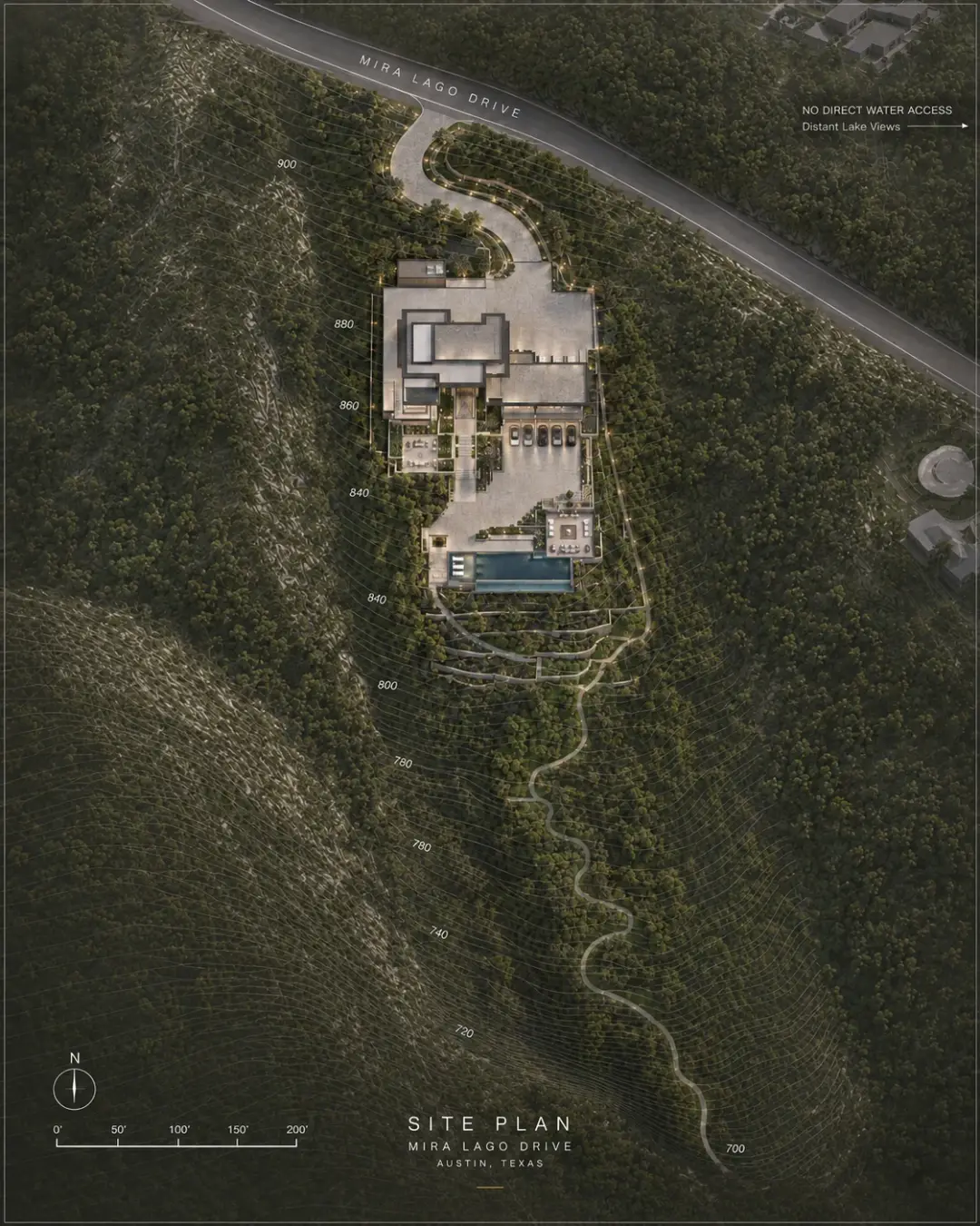 The Ridgeline Estate Lot 45 aerial site plan of the residence on its wooded hillside lot in Lago Vista, Texas