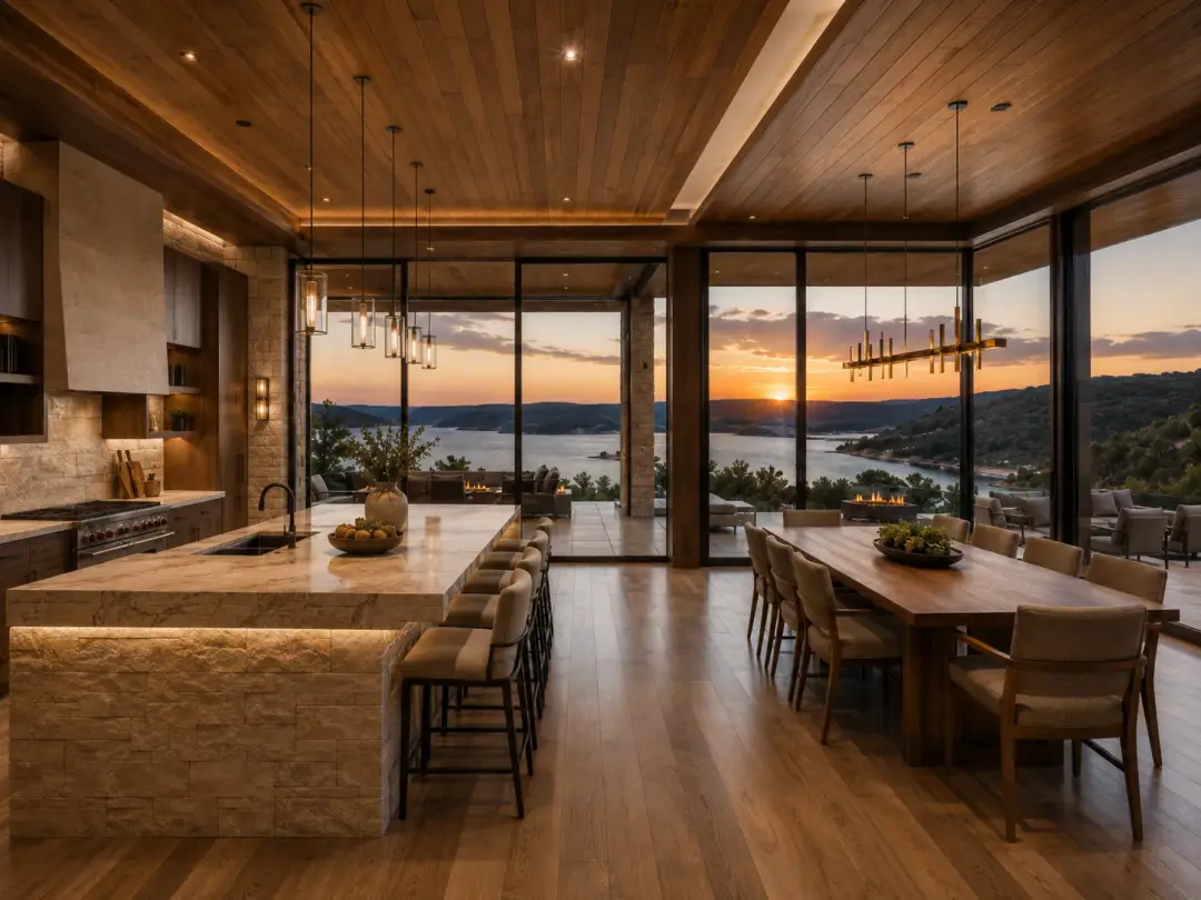 The Cove Estate kitchen island and dining table with wood ceiling and lake view in Lago Vista, Texas
