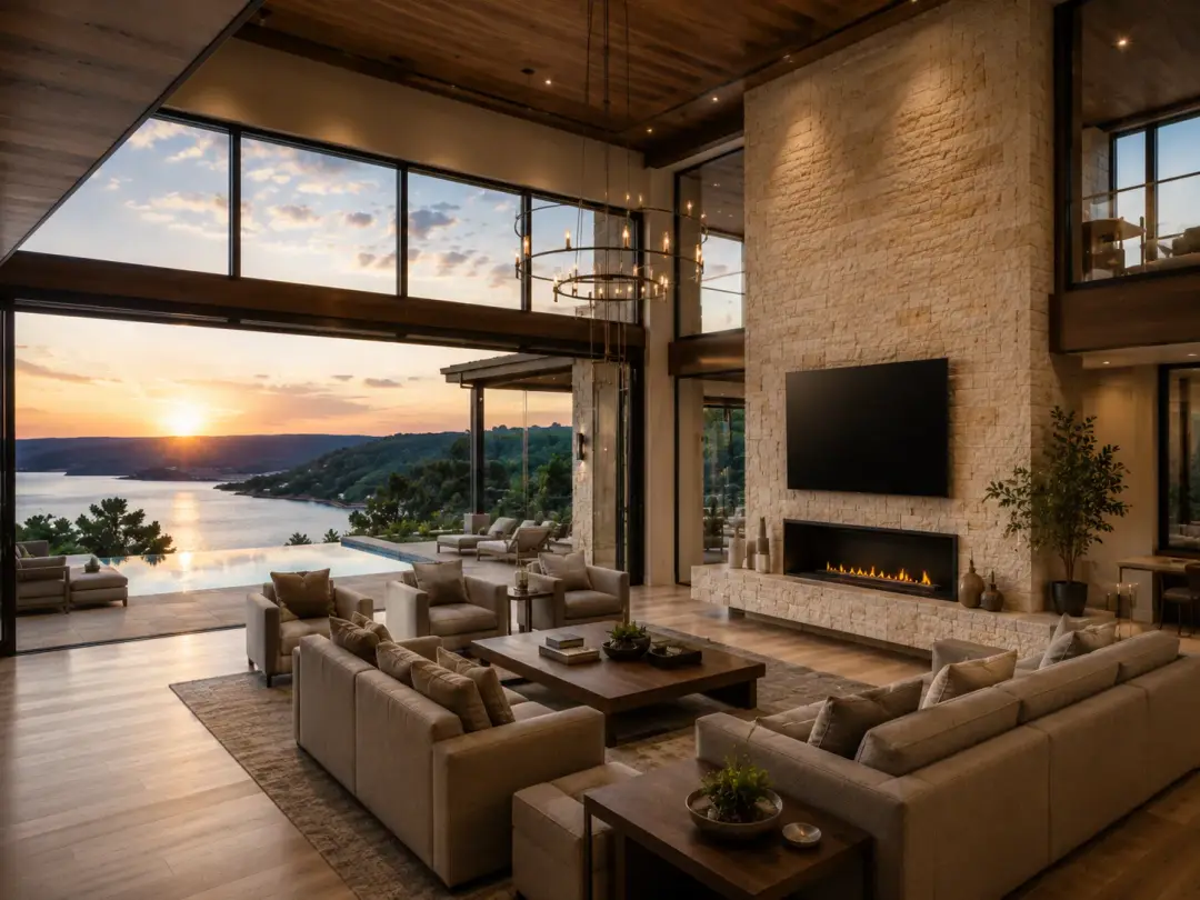 The Cove Estate living room with stone fireplace wall and Lake Travis sunset view in Lago Vista, Texas