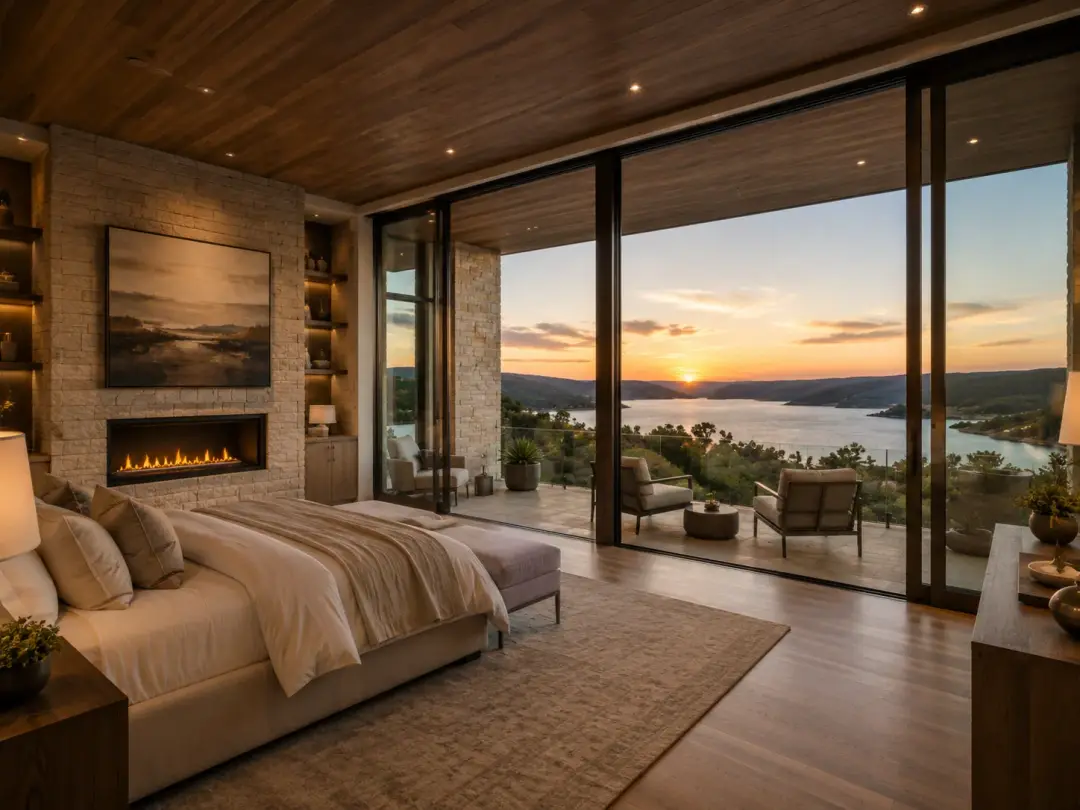 The Cove Estate primary bedroom with fireplace and sliding glass doors to a lake-view terrace in Lago Vista, Texas