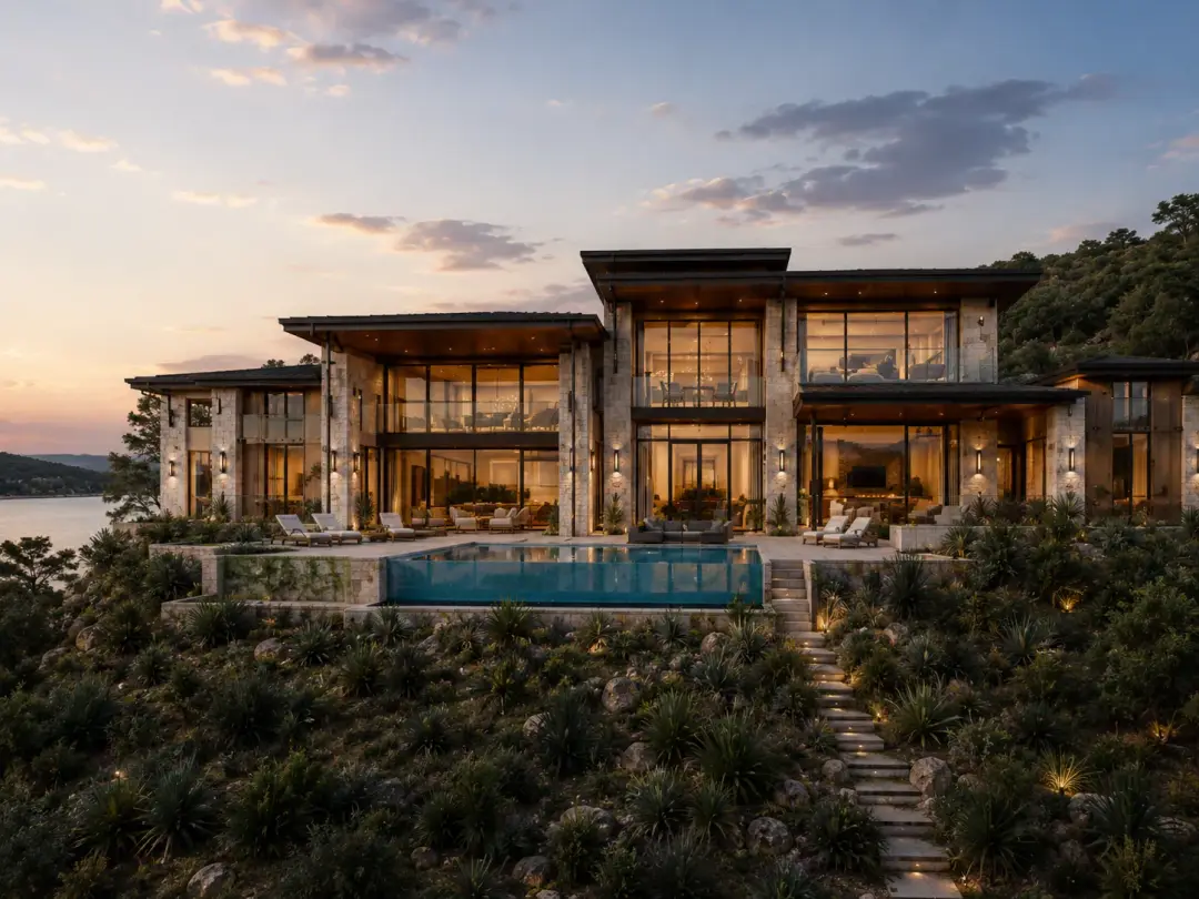 The Cove Estate rear elevation with glass walls and infinity pool above Lake Travis at sunset in Lago Vista, Texas