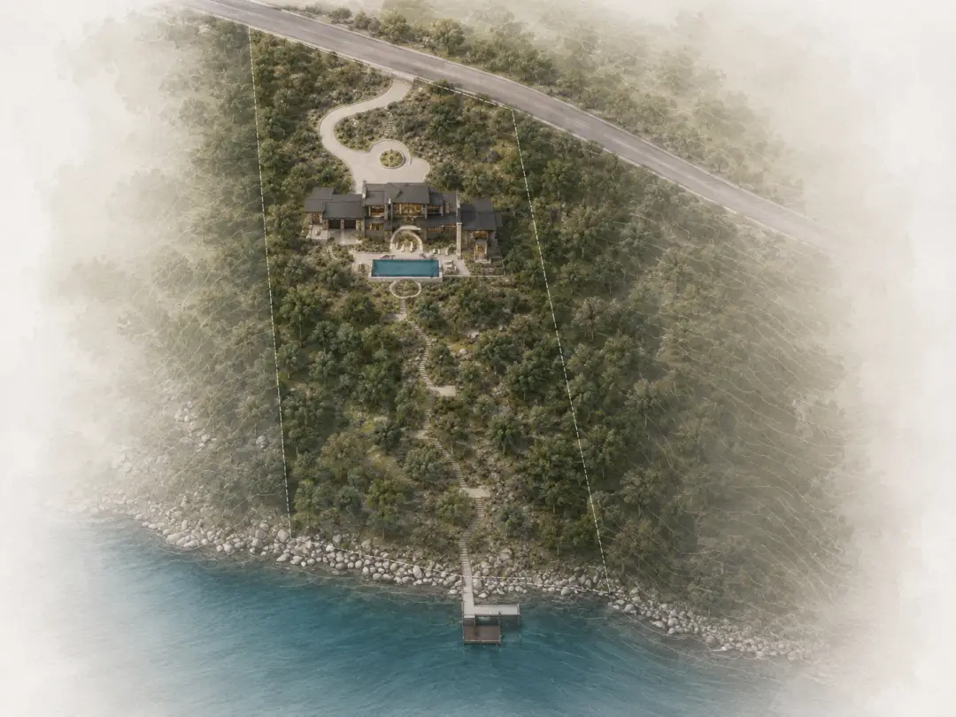 The Cove Estate Lot 46 aerial site plan showing the residence, pool and path to the boat dock in Lago Vista, Texas