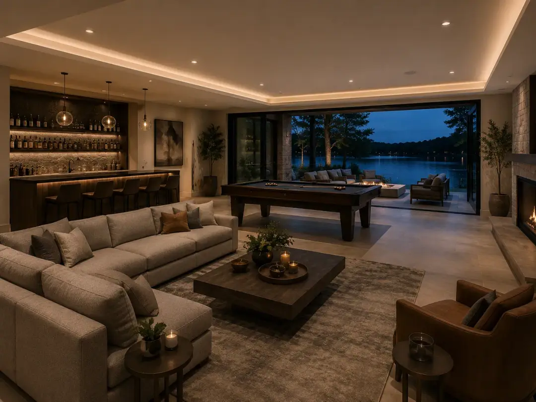 The Peninsula Estate game room with wet bar, billiards table and lounge opening to a lake terrace in Lago Vista, Texas