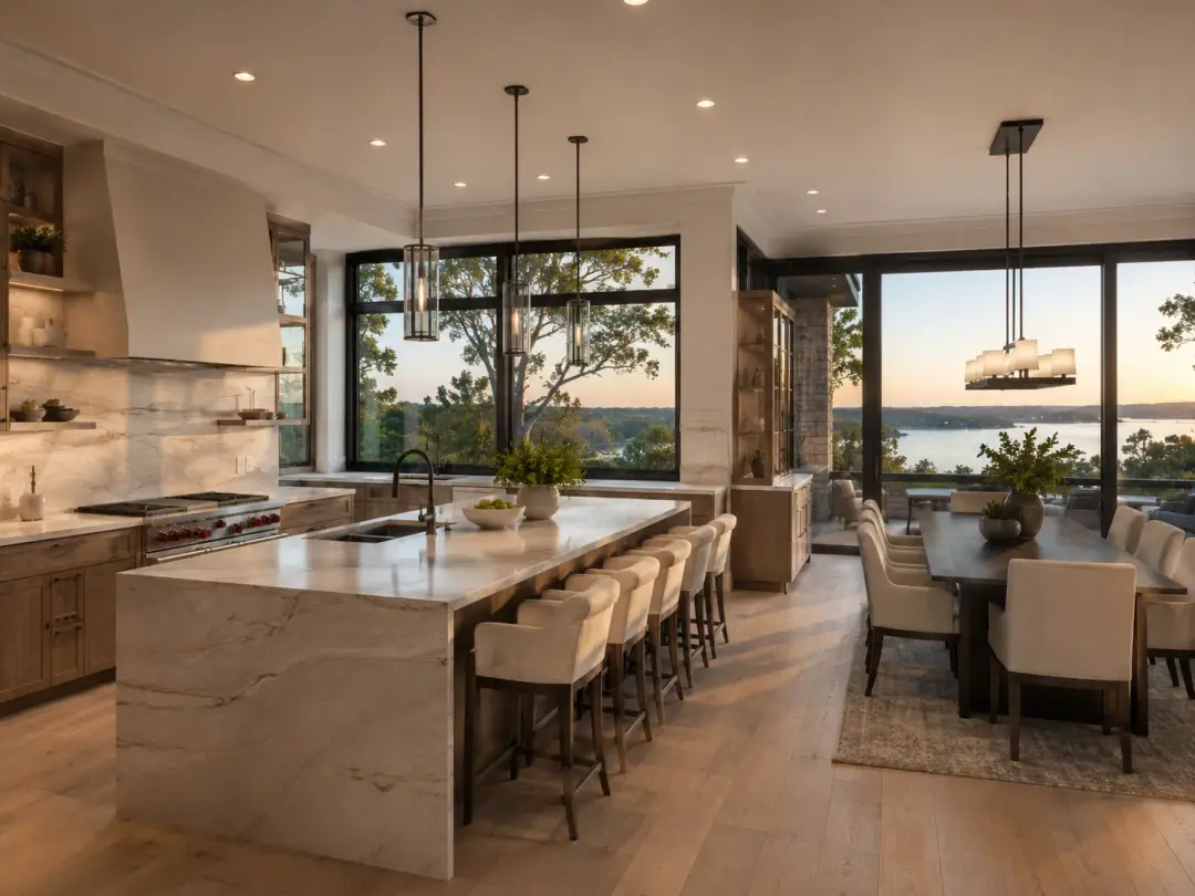 The Peninsula Estate kitchen island and dining area with wooded lake view in Lago Vista, Texas