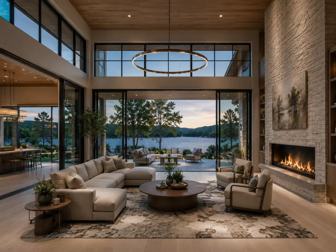 The Peninsula Estate double-height living room with stone fireplace and Lake Travis view in Lago Vista, Texas