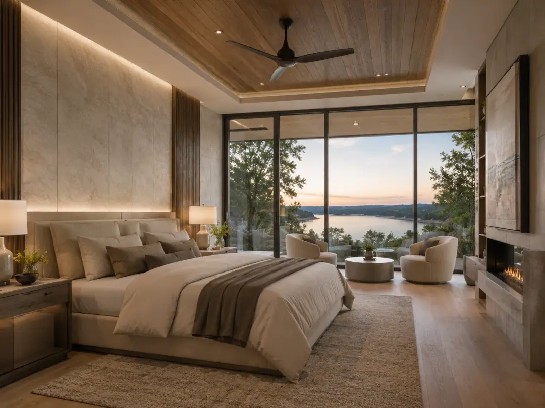 The Peninsula Estate primary bedroom with fireplace and floor-to-ceiling glass facing the lake in Lago Vista, Texas