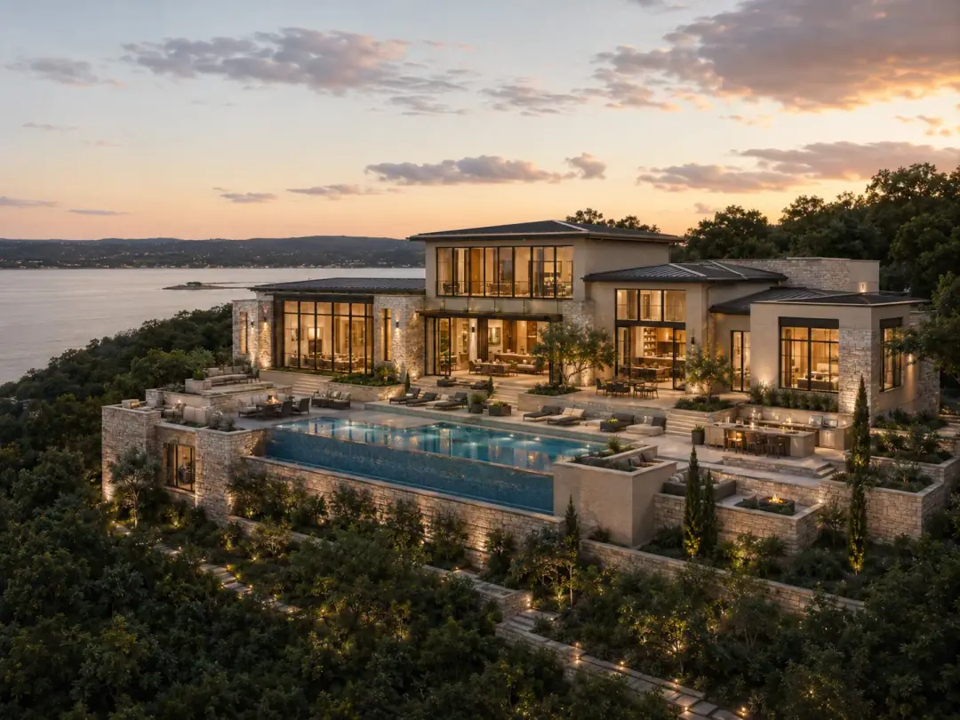 The Peninsula Estate aerial view with terraced infinity-edge pool above Lake Travis at sunset in Lago Vista, Texas
