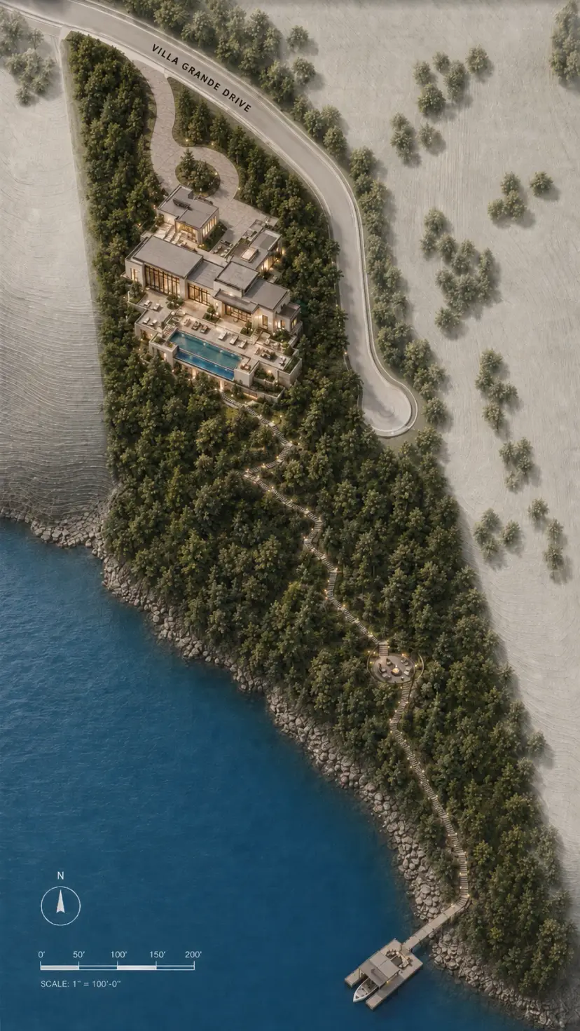The Peninsula Estate Lot 48 aerial site plan showing the pool terrace, wooded path and shoreline seating in Lago Vista, Texas