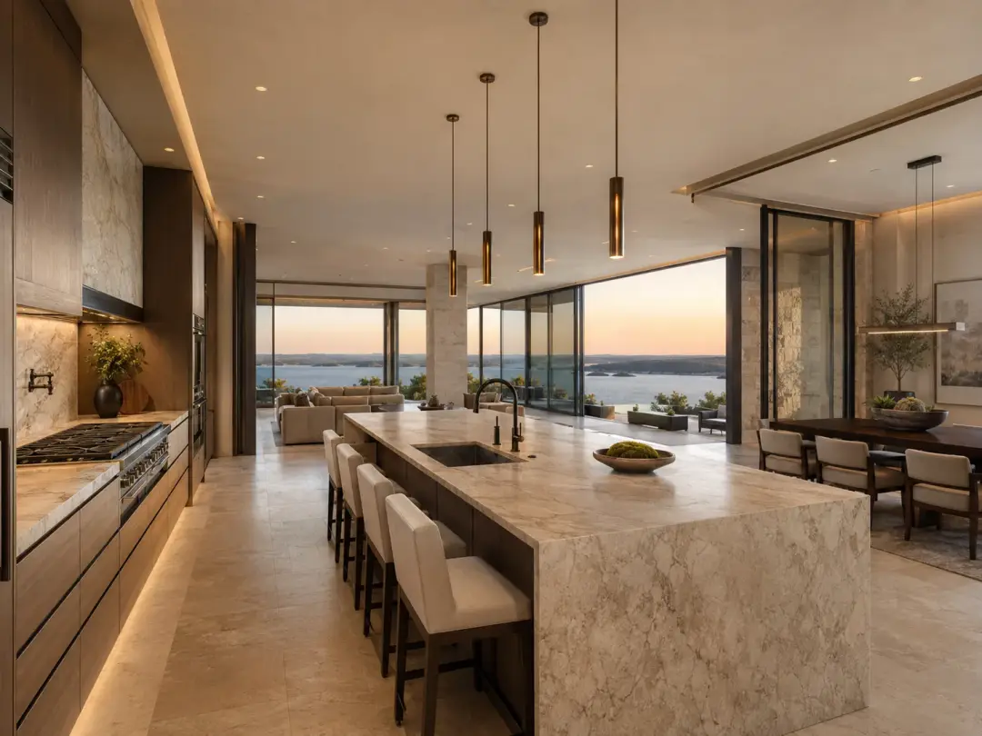The Crest at Lake Travis — kitchen with lake view