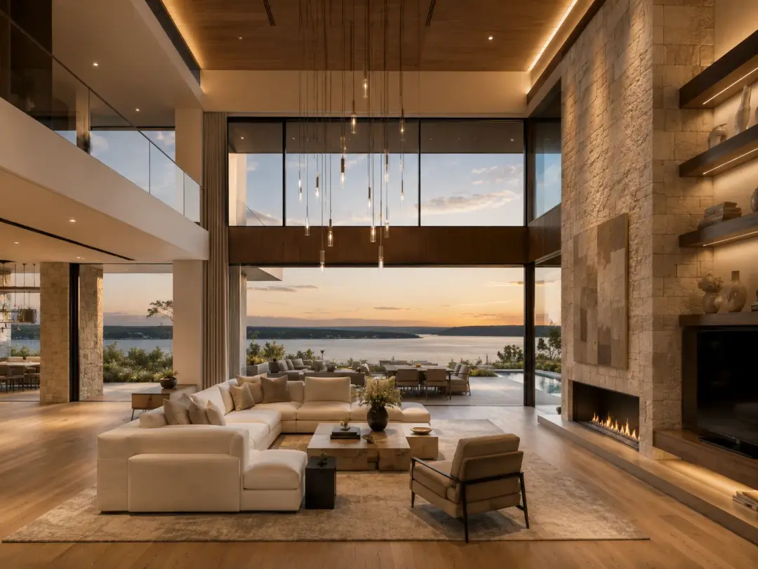 The Crest at Lake Travis — living room with lake view