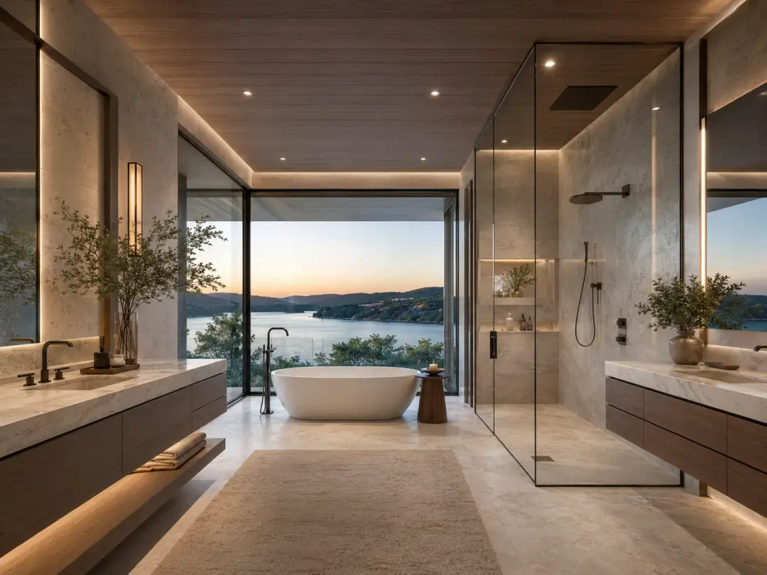 The Crest at Lake Travis — primary bathroom with lake view
