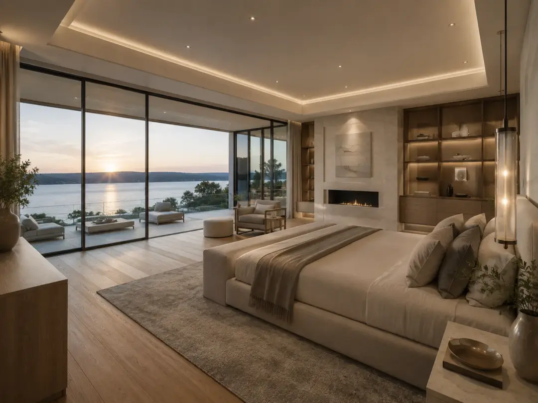 The Crest at Lake Travis — primary bedroom with lake view