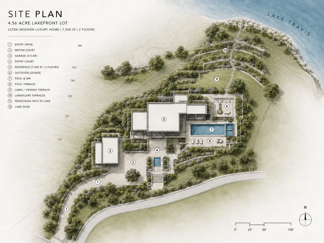 The Crest at Lake Travis — site plan, 4.56 acre lakefront lot